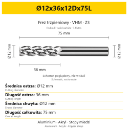 TriMill AL VHM Z3 Ø12x36x12Dx75L