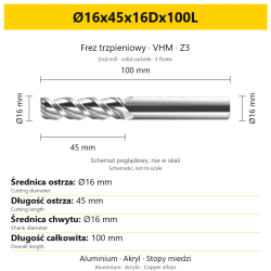 TriMill AL VHM Z3 Ø16x45x16Dx100L
