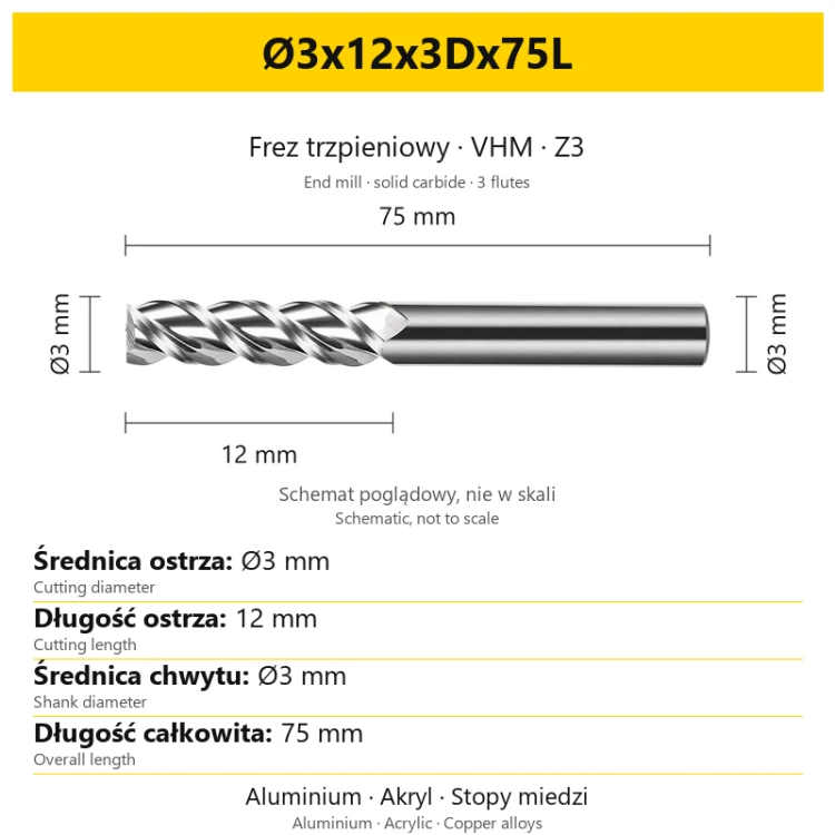 TriMill AL VHM Z3 Ø3x12x3Dx75L