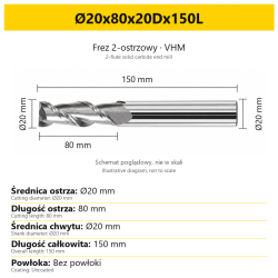 Frez 2-ostrzowy VHM do aluminium — Ø20x80x20Dx150L