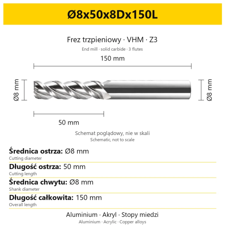 TriMill AL VHM Z3 Ø8x50x8Dx150L