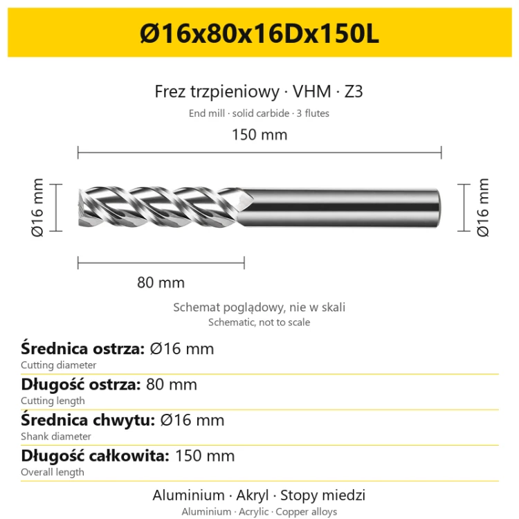 TriMill AL VHM Z3 Ø16x80x16Dx150L