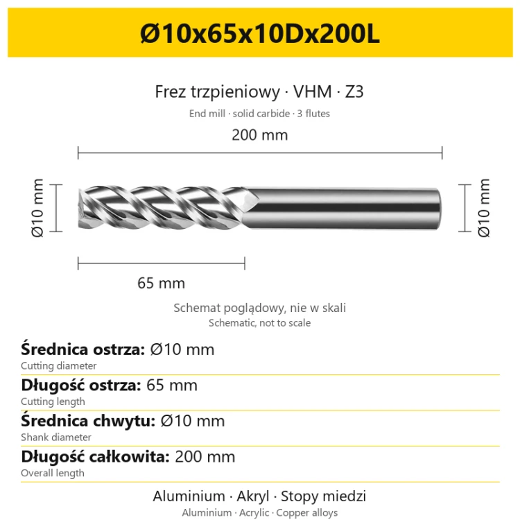TriMill AL VHM Z3 Ø10x65x10Dx200L