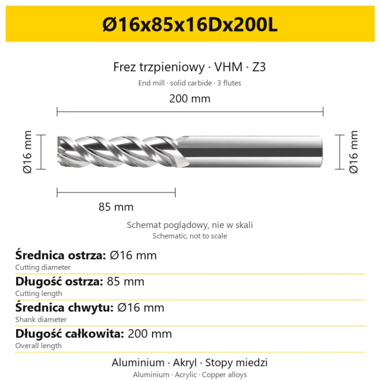 TriMill AL VHM Z3 Ø16x85x16Dx200L
