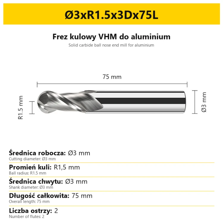 Solid carbide ball nose end mill for aluminium Ø3xR1.5x3Dx75L