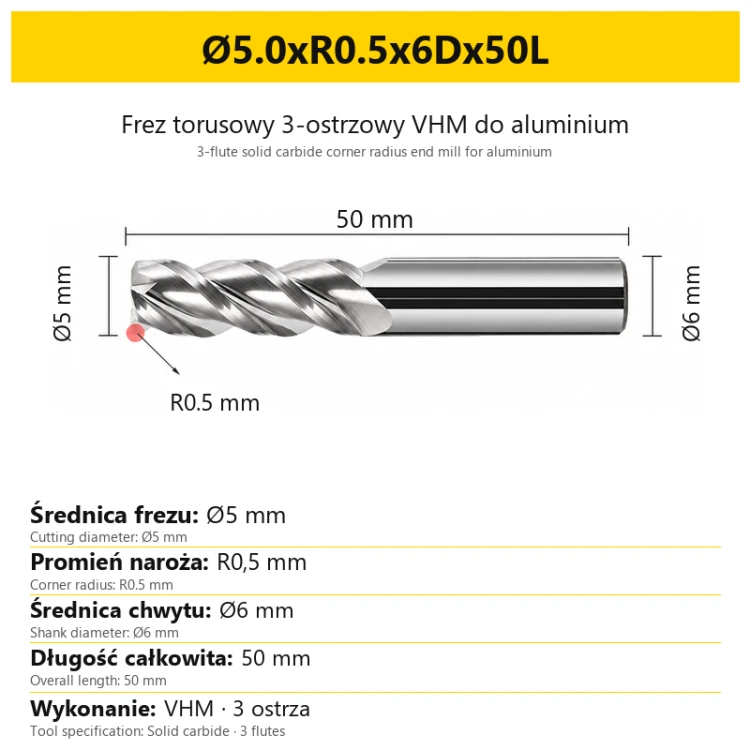 3-flute solid carbide corner radius end mill for aluminium Ø5.0xR0.5x6Dx50L