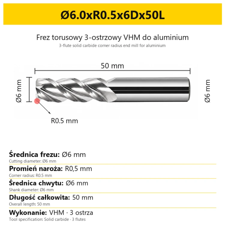 Frez torusowy 3-ostrzowy VHM do aluminium Ø6.0xR0.5x6Dx50L
