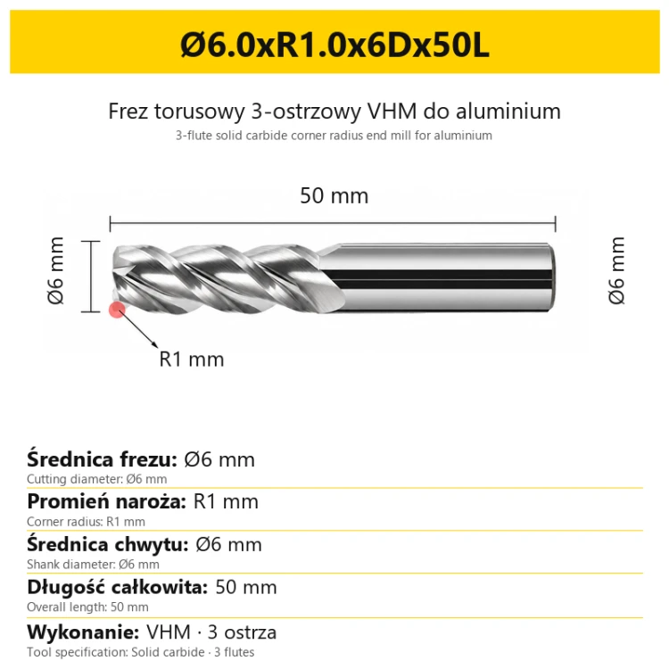 Frez torusowy 3-ostrzowy VHM do aluminium Ø6.0xR1.0x6Dx50L