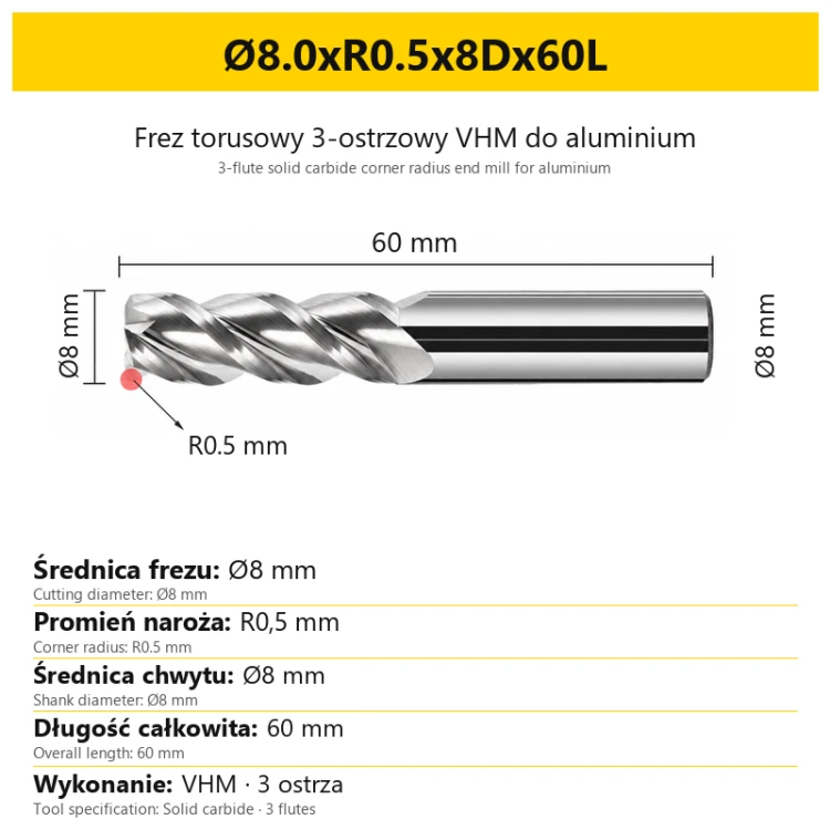 3-flute solid carbide corner radius end mill for aluminium Ø8.0xR0.5x8Dx60L