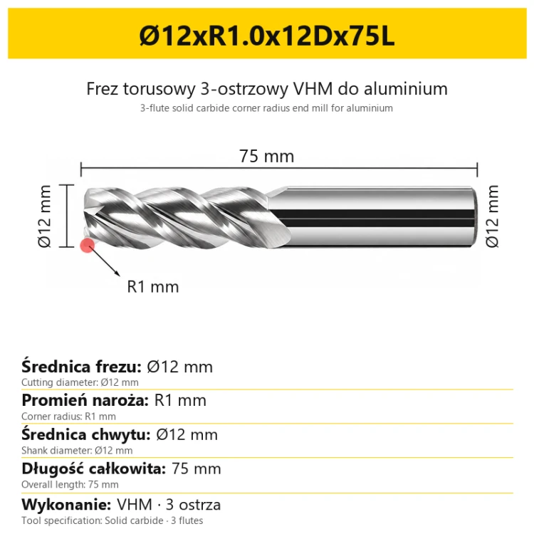 Frez torusowy 3-ostrzowy VHM do aluminium Ø12xR1.0x12Dx75L