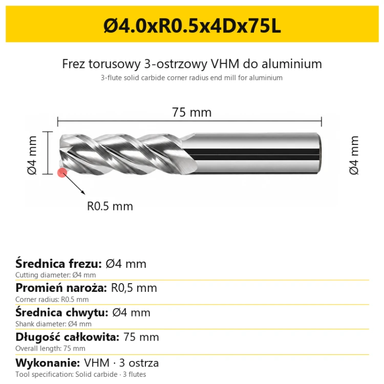 Frez torusowy 3-ostrzowy VHM do aluminium Ø4.0xR0.5x4Dx75L