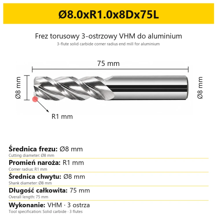 3-flute solid carbide corner radius end mill for aluminium Ø8.0xR1.0x8Dx75L