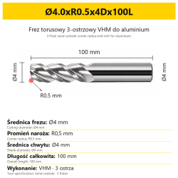3-flute solid carbide corner radius end mill for aluminium Ø4.0xR0.5x4Dx100L