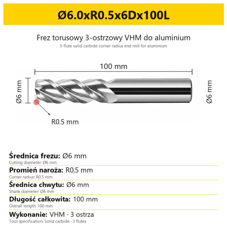 3-flute solid carbide corner radius end mill for aluminium Ø6.0xR0.5x6Dx100L