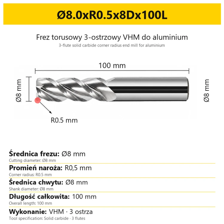 3-flute solid carbide corner radius end mill for aluminium Ø8.0xR0.5x8Dx100L