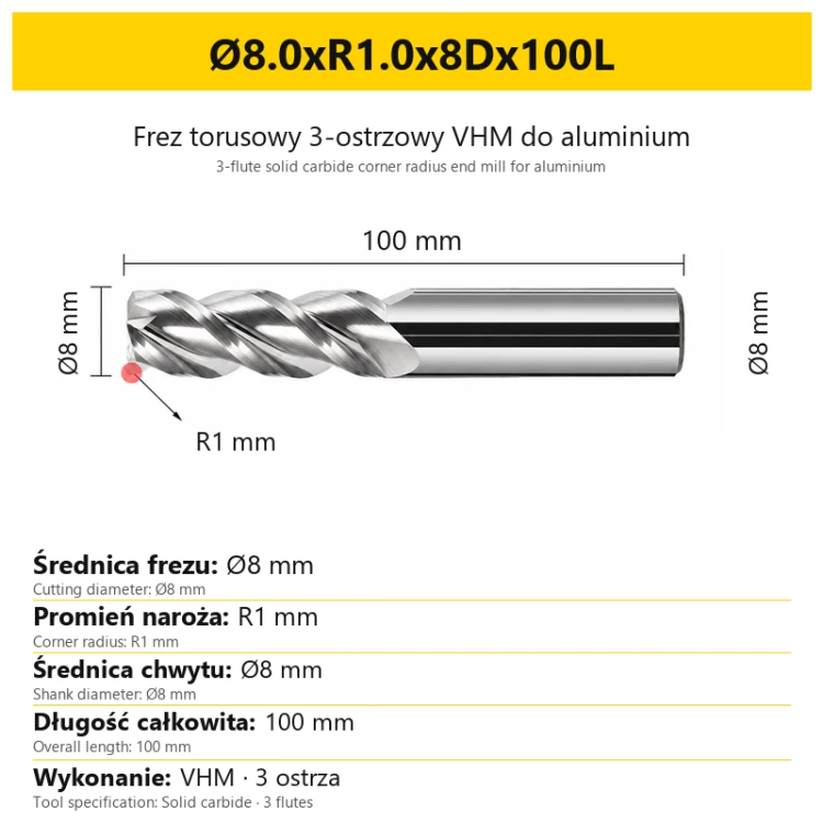 3-flute solid carbide corner radius end mill for aluminium Ø8.0xR1.0x8Dx100L