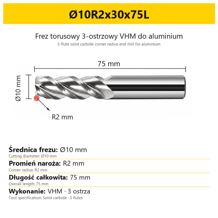 3-flute solid carbide corner radius end mill for aluminium Ø10R2x30x75L
