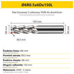 3-flute solid carbide corner radius end mill for aluminium Ø6R0.5x6Dx150L