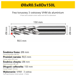 3-flute solid carbide corner radius end mill for aluminium Ø8xR0.5x8Dx150L