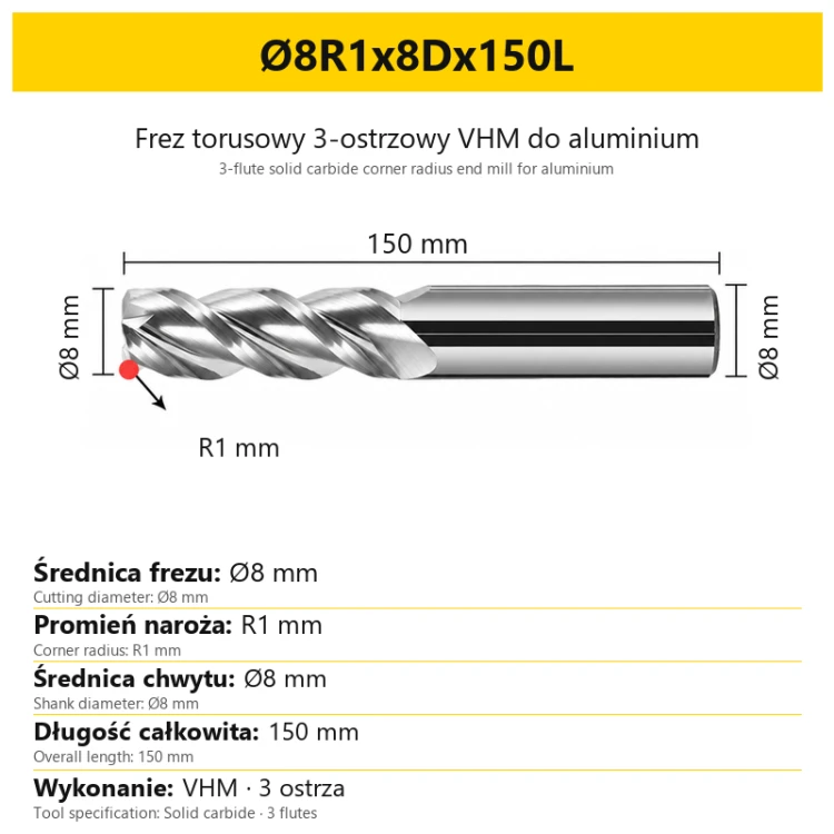 Frez torusowy 3-ostrzowy VHM do aluminium Ø8R1x8Dx150L