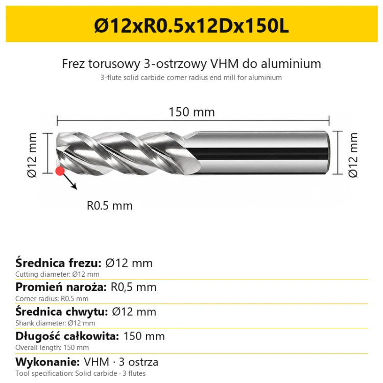 3-flute solid carbide corner radius end mill for aluminium Ø12xR0.5x12Dx150L