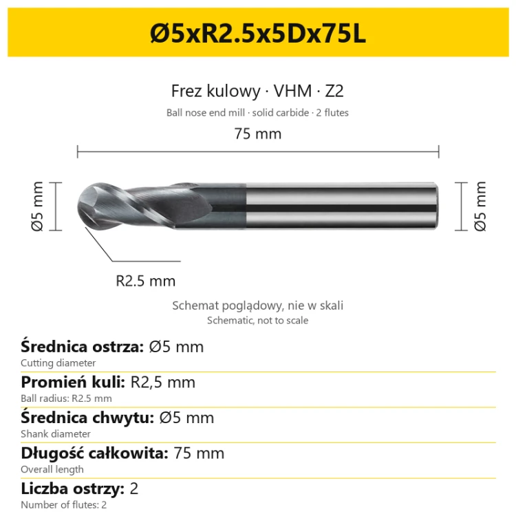 HYPERCUT VHM Z2 Ø5xR2.5x5Dx75L