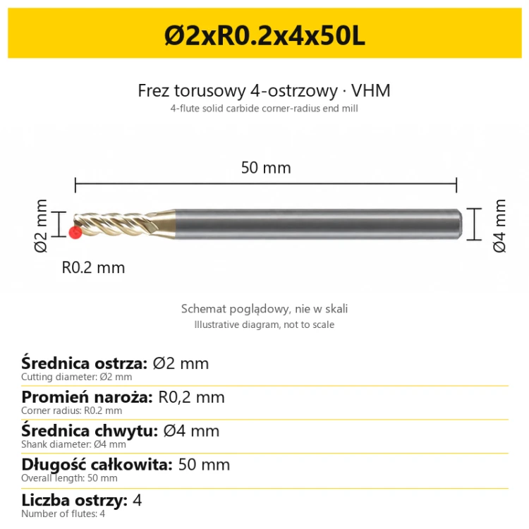 VELOCITY 4-flute solid carbide corner-radius end mill, ZrN — Ø2xR0.2x4x50L