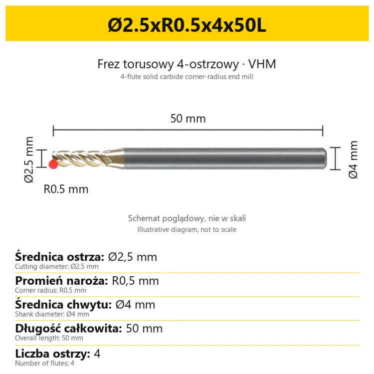 Frez torusowy 4-ostrzowy VHM ZrN VELOCITY — Ø2.5xR0.5x4x50L