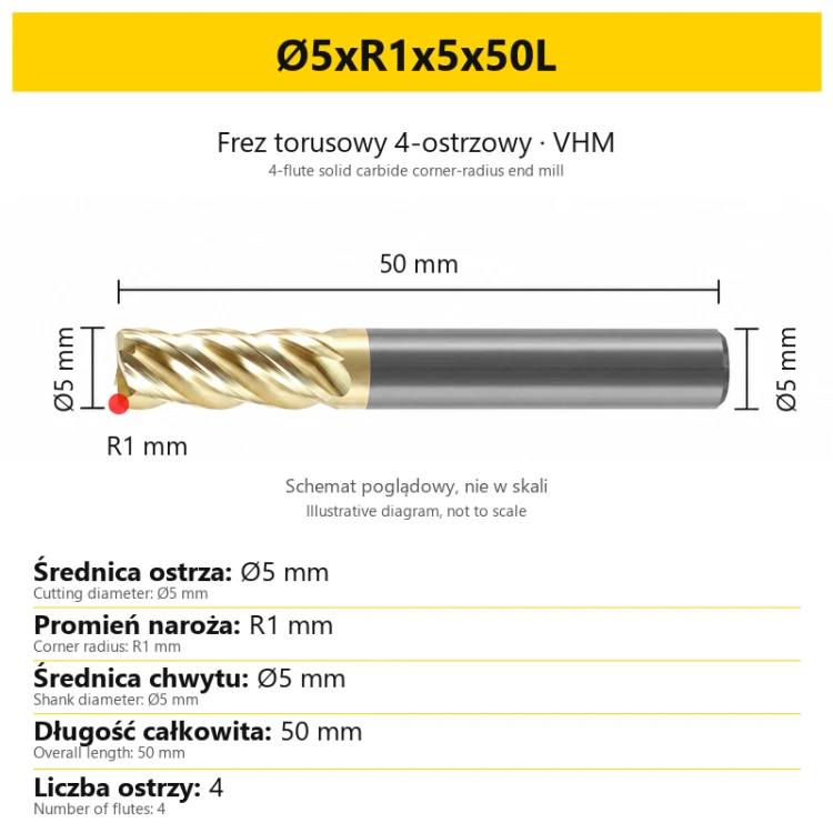 VELOCITY 4-flute solid carbide corner-radius end mill, ZrN — Ø5xR1x5x50L