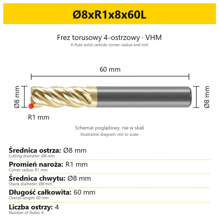 Frez torusowy 4-ostrzowy VHM ZrN VELOCITY — Ø8xR1x8x60L