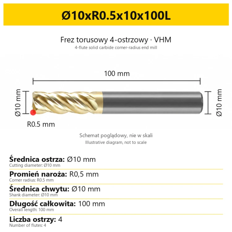 VELOCITY 4-flute solid carbide corner-radius end mill, ZrN — Ø10xR0.5x10x100L