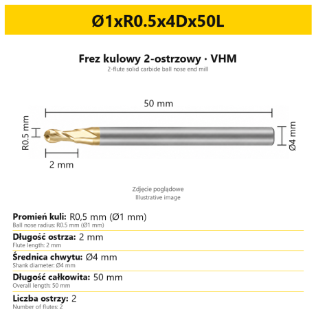Przejdź do produktu Frez kulowy, kula 2-ostrzowy ZrN, VHM, VELOCITY