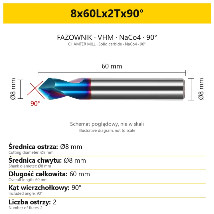 Chamfer mill 8x60Lx2Tx90° — PL + EN