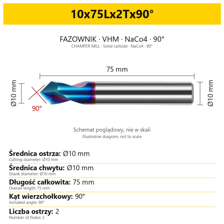 Chamfer mill 10x75Lx2Tx90° — PL + EN