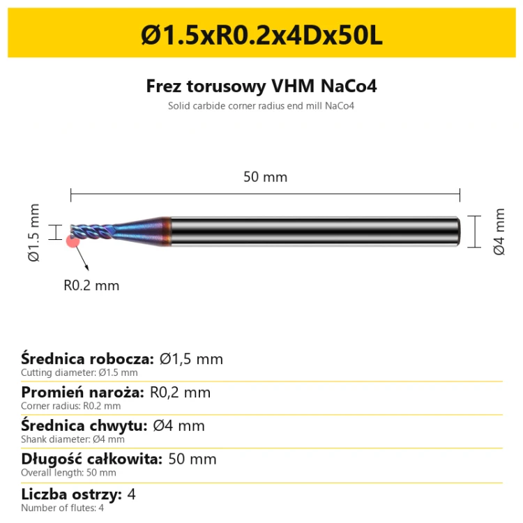 Frez torusowy VHM NaCo4 Ø1.5xR0.2x4Dx50L