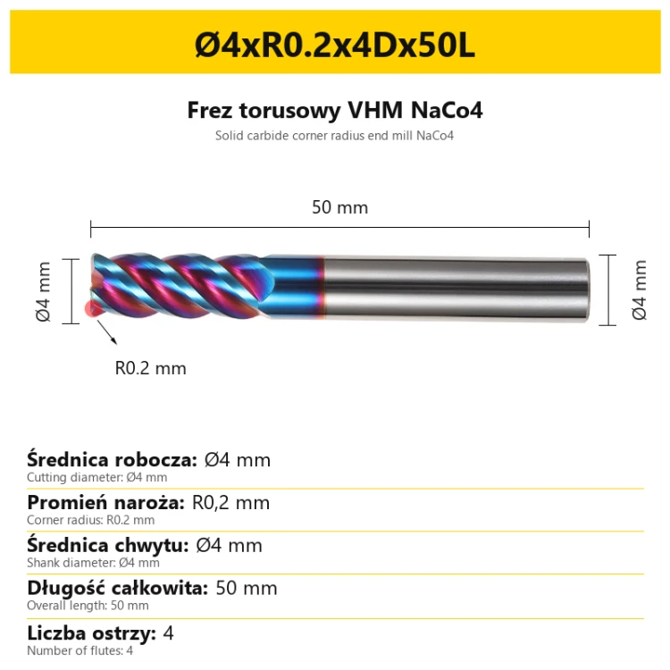 Frez torusowy VHM NaCo4 Ø4xR0.2x4Dx50L