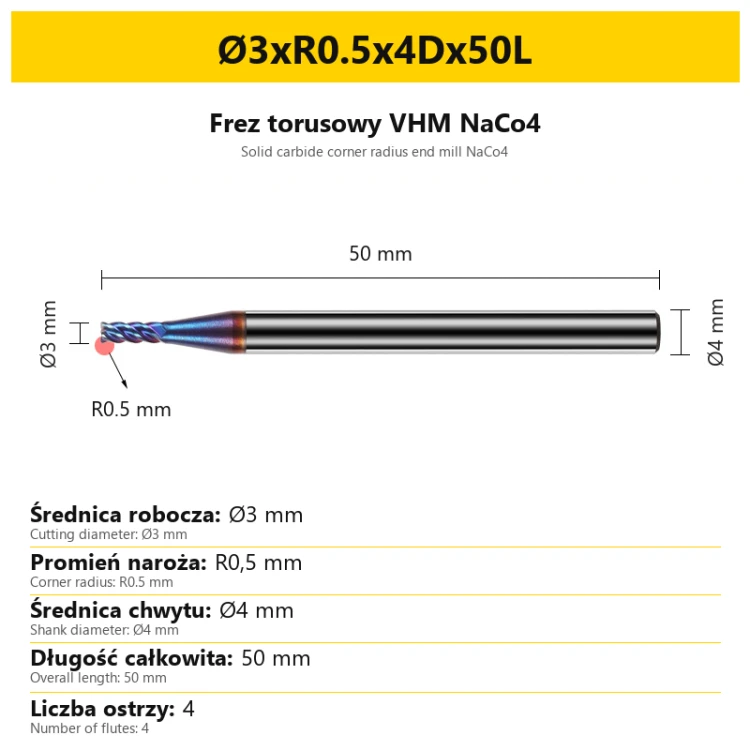 Frez torusowy VHM NaCo4 Ø3xR0.5x4Dx50L