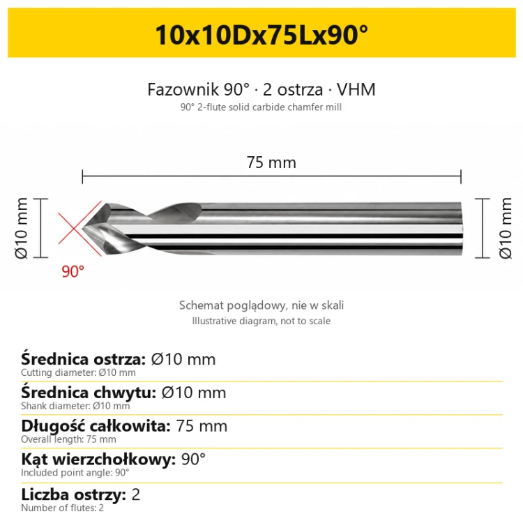 Fazownik 90° 2-ostrzowy VHM — 10x10Dx75Lx90°