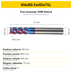 Frez torusowy VHM NaCo4 Ø4xR0.5x4Dx75L