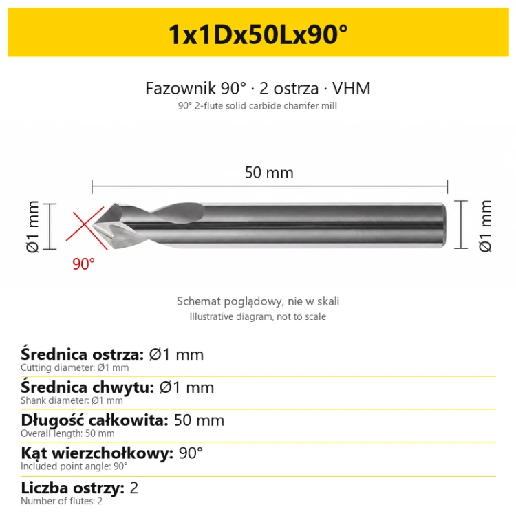 90° 2-flute solid carbide chamfer mill — 1x1Dx50Lx90°