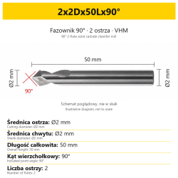 90° 2-flute solid carbide chamfer mill — 2x2Dx50Lx90°