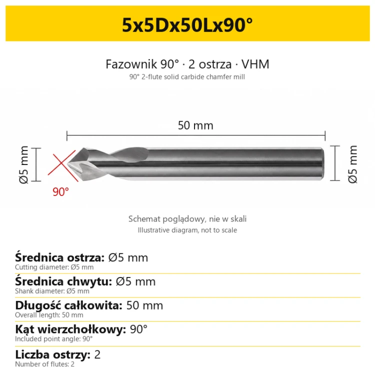 90° 2-flute solid carbide chamfer mill — 5x5Dx50Lx90°