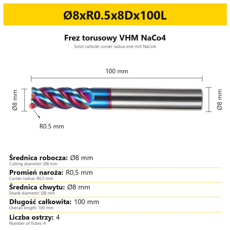 Frez torusowy VHM NaCo4 Ø8xR0.5x8Dx100L