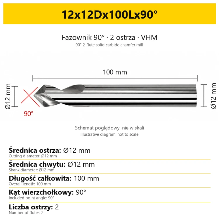 Fazownik 90° 2-ostrzowy VHM — 12x12Dx100Lx90°