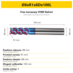 Frez torusowy VHM NaCo4 Ø8xR1x8Dx100L