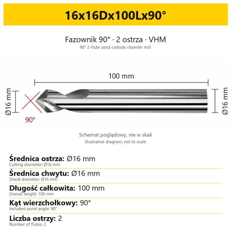 Fazownik 90° 2-ostrzowy VHM — 16x16Dx100Lx90°
