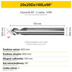 90° 2-flute solid carbide chamfer mill — 20x20Dx100Lx90°