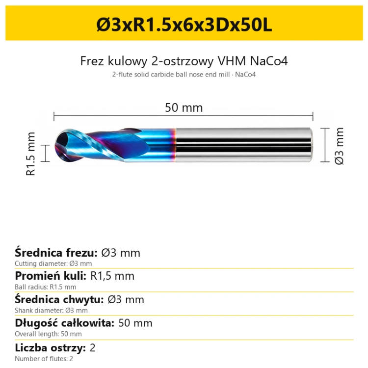 Frez kulowy 2-ostrzowy VHM NaCo4 Ø3xR1.5x6x3Dx50L