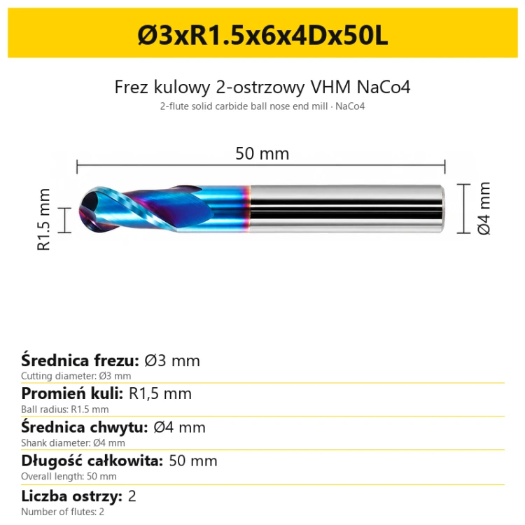 Frez kulowy 2-ostrzowy VHM NaCo4 Ø3xR1.5x6x4Dx50L