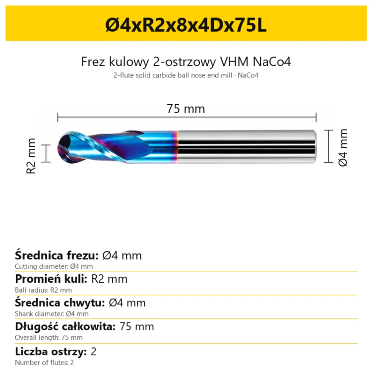 Frez kulowy 2-ostrzowy VHM NaCo4 Ø4xR2x8x4Dx75L
